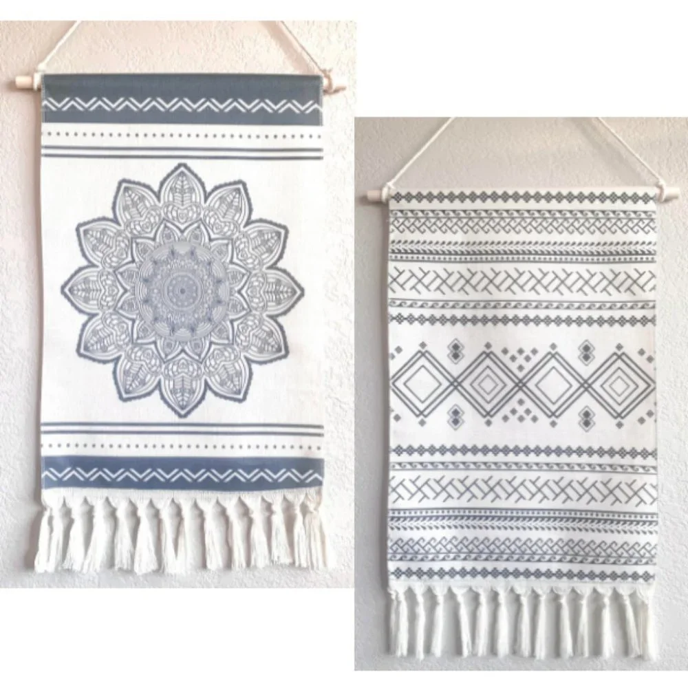 Set/2 Gray Beige Boho Mandala Aztec Ethnic Print Tapestry Wall Hangings w/ Hooks